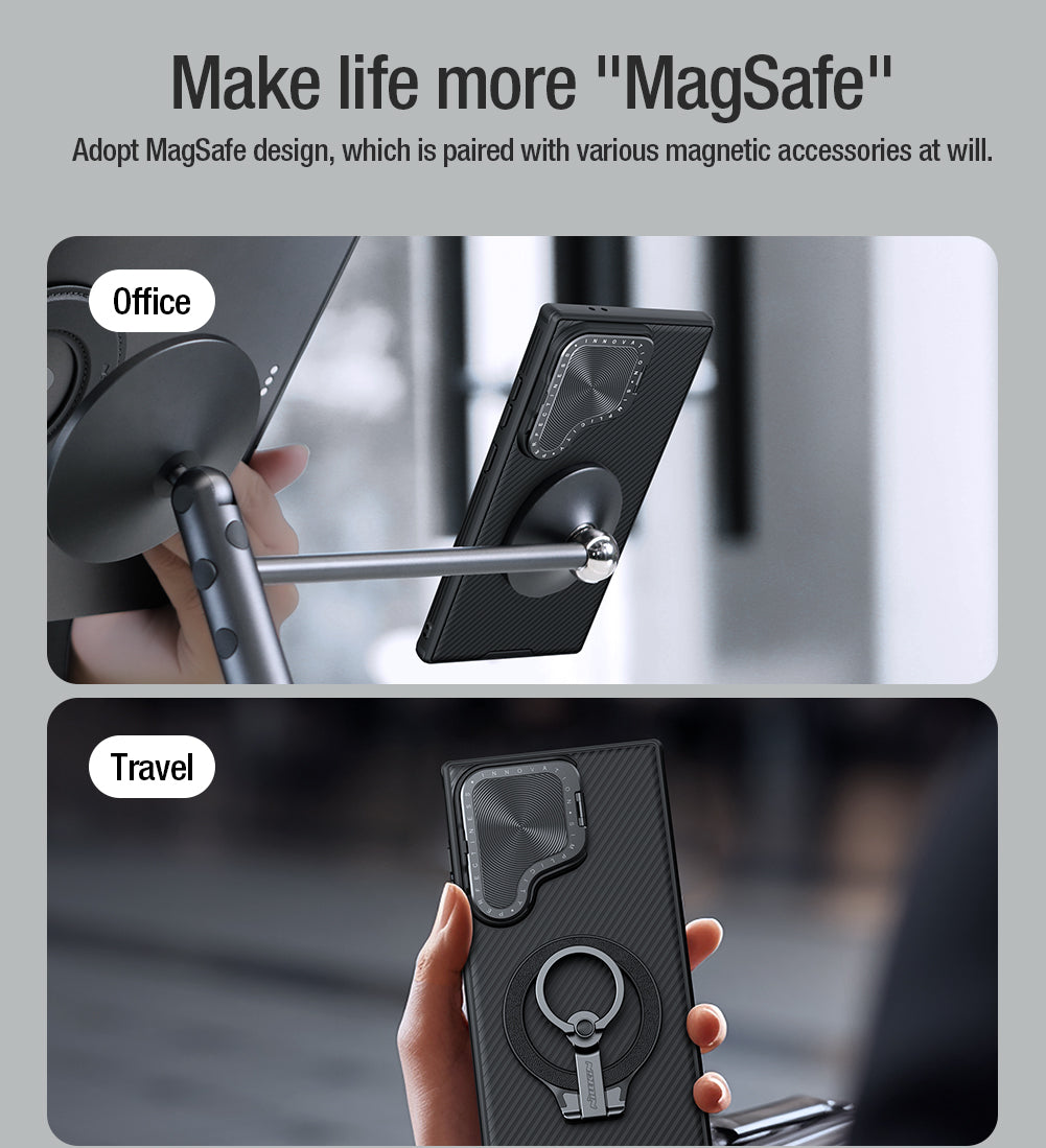 Nillkin Samsung S24 Series Phone Stand/Lens Cover 2 in 1,Built-in magnetic function,Four-corner Airbag,Anti-Slip Phone Case