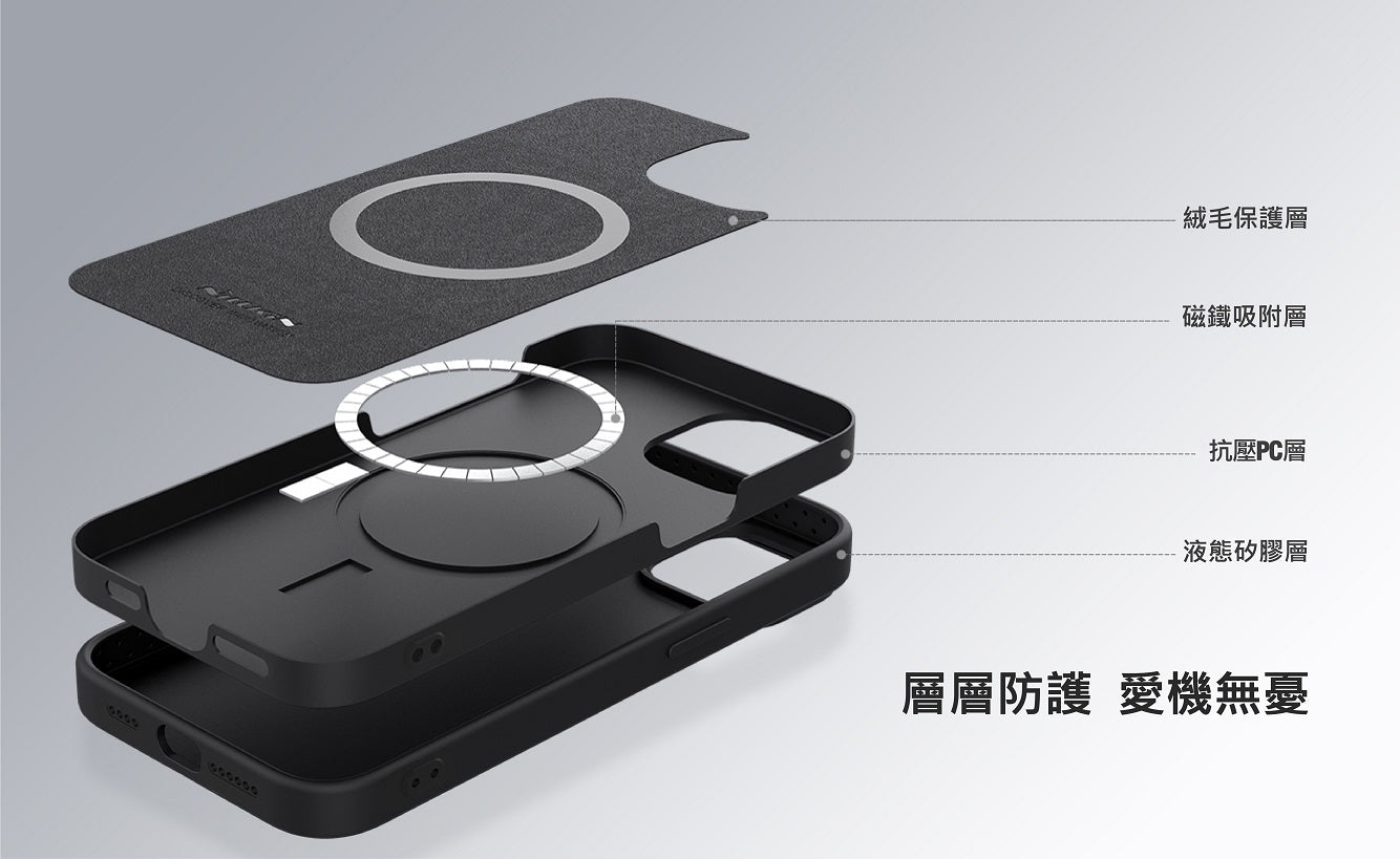 Nillkin iPhone 15 系列 MagSafe內置磁吸液態硅膠鏡頭滑蓋手機保護殼潤鏡系列