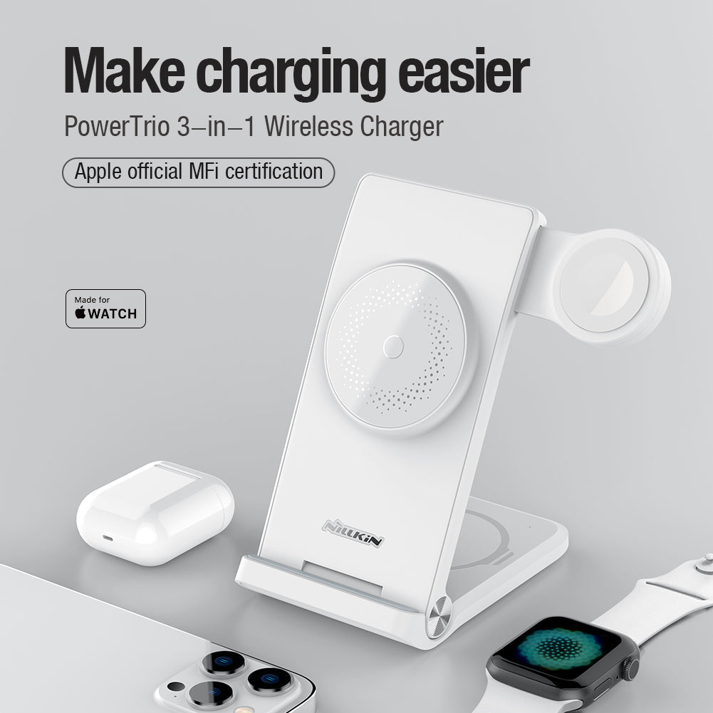 Nillkin 三合一無線充電器 MagSafe 磁吸MFi 認證版 iPhone/Airpods/Apple Watch同時充電直立式多角度調校 智游