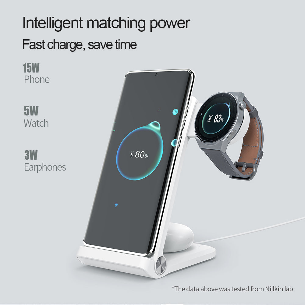 Nillkin 三合一15W無線充電器 手機/耳機/手錶同時充電 直立式多角調校 (佳明/三星) 智游