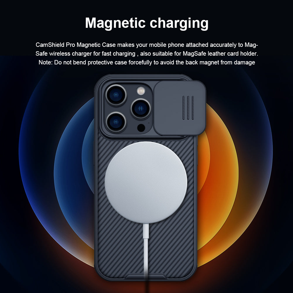 Nillkin iPhone 14 Pro 6.1"MagSafe內置磁吸/鏡頭滑蓋保護/四角氣囊防摔手機保護殼黑鏡Pro系列