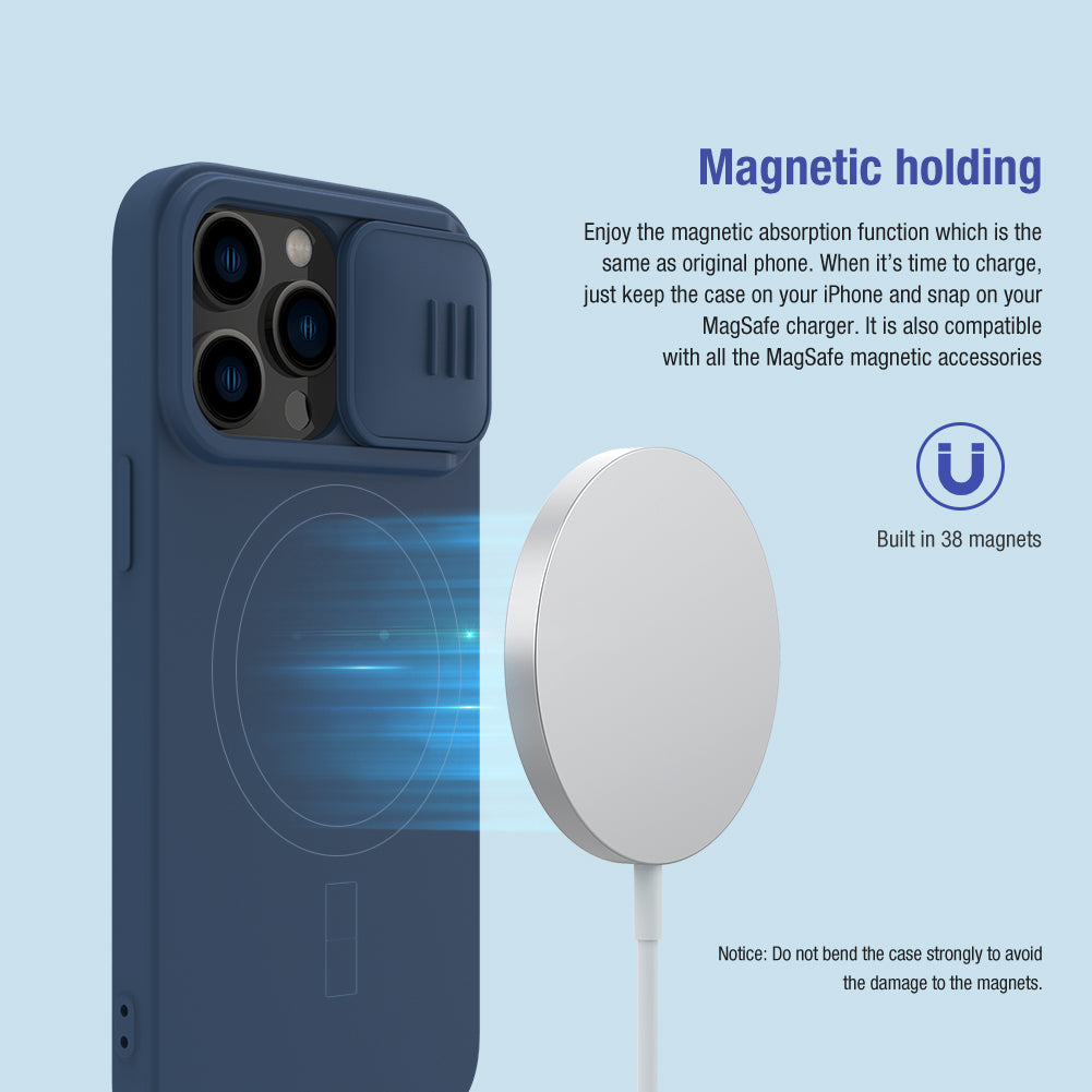Nillkin iPhone 14 Pro 6.1" MagSafe Built-in Magnetic Function Sliding Lens Cover Liquid Silicone Phone Case CamShield Silky Series