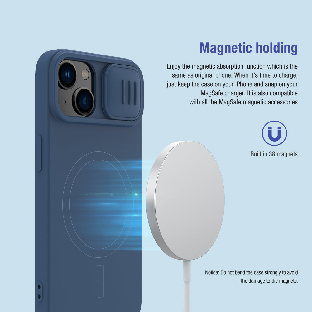 Nillkin iPhone 14 Plus 6.7" MagSafe內置磁吸液態硅膠鏡頭滑蓋手機保護殼潤鏡系列