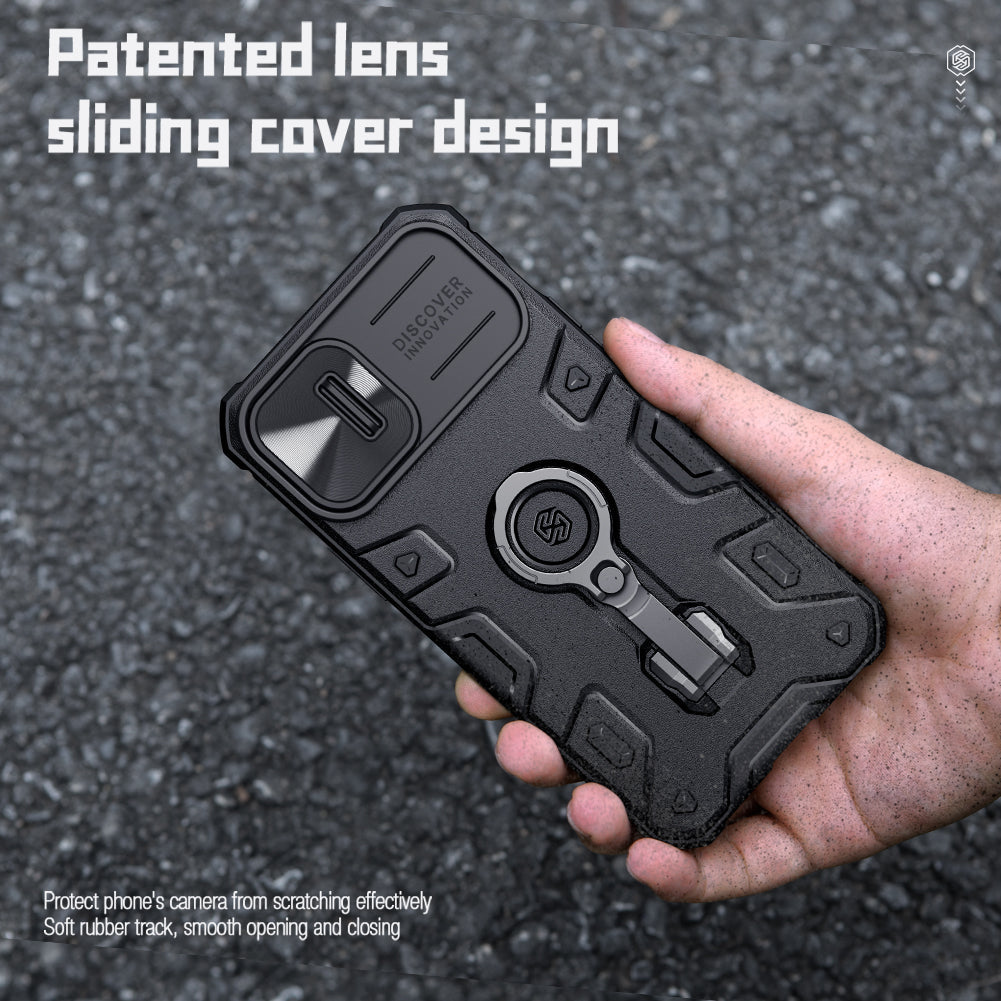 Nillkin iPhone 14 Plus 6.7" MagSafe內置磁吸/鏡頭滑蓋/指環支架/四角氣囊升級防摔手機保護殼黑犀Pro系列