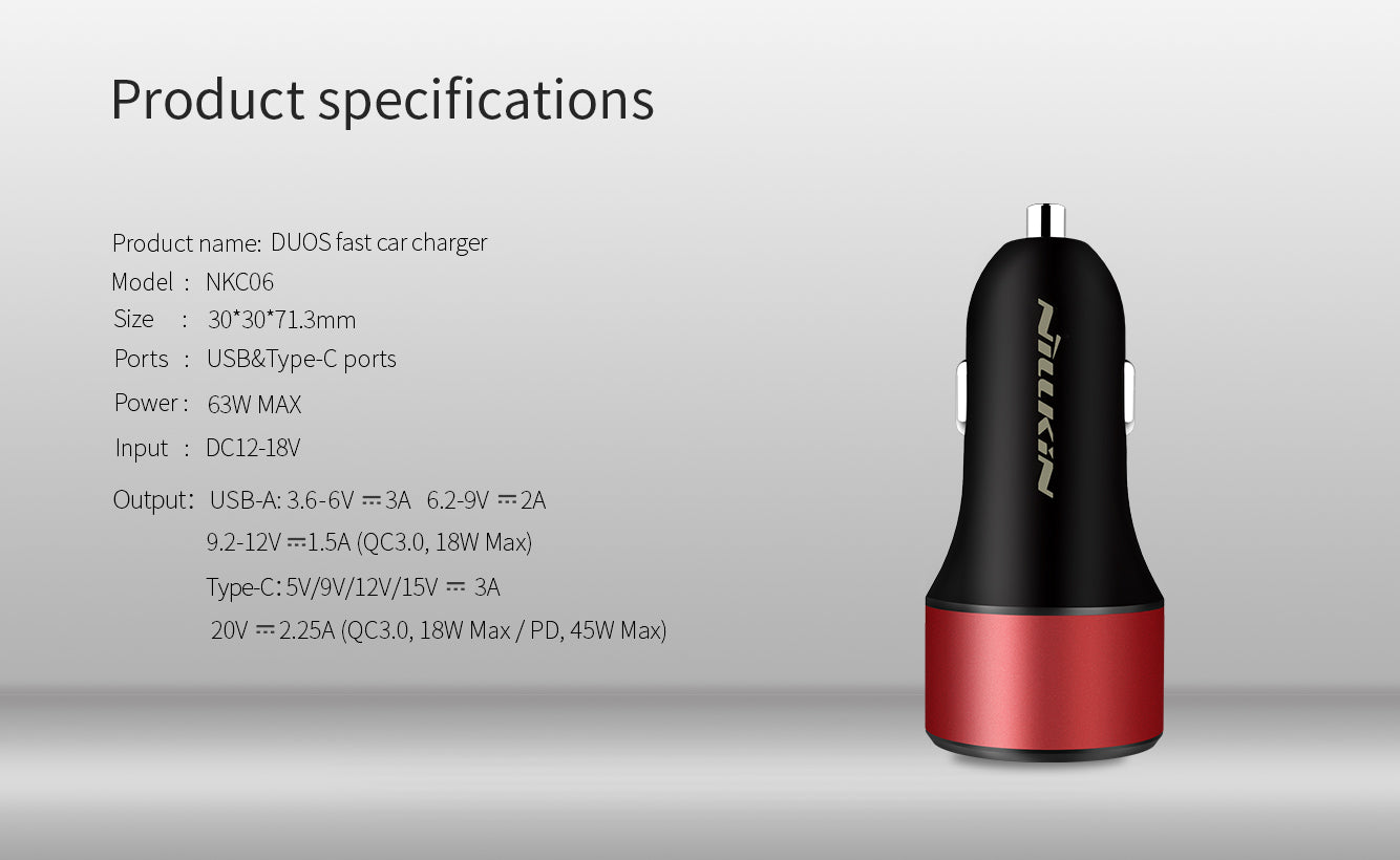 Nillkin PD3.0/QC3.0 63W USB+Type-C 鋁合金高速汽車充電器(可充Macbook及平板電腦)
