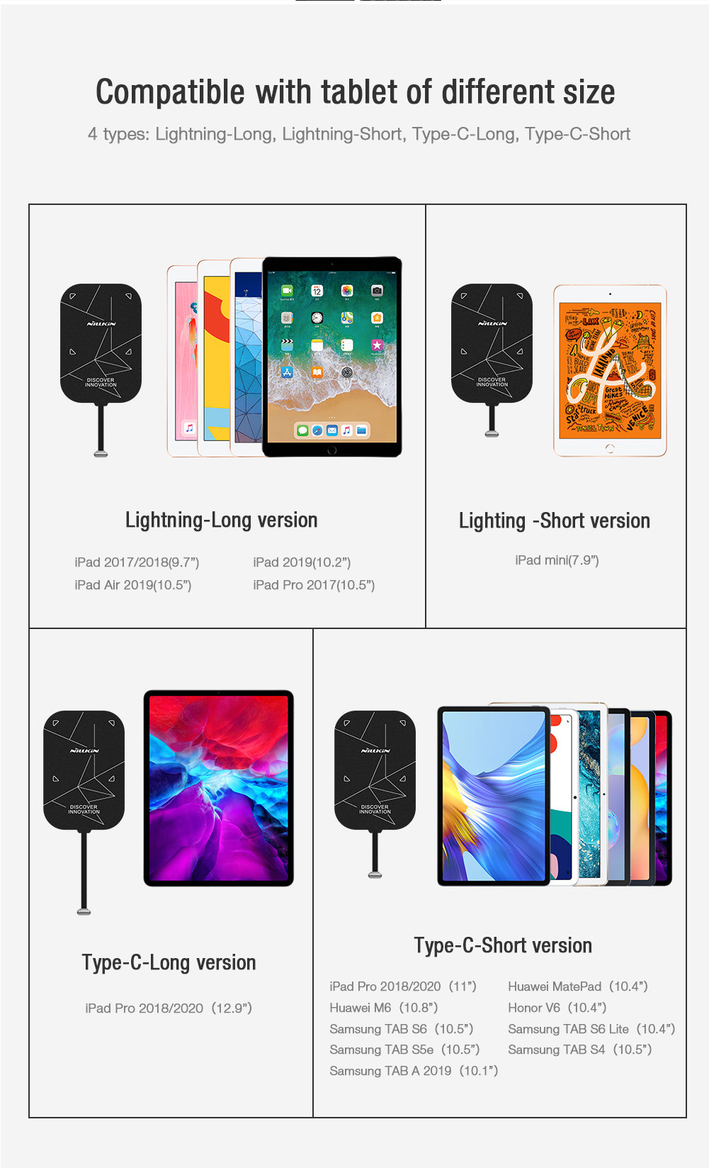 Nillkin Type C/Lightning 接口平板電腦/iPad pro 18/20/21/22無線充電接收器Qi 5V 2A 快充能量貼Plus