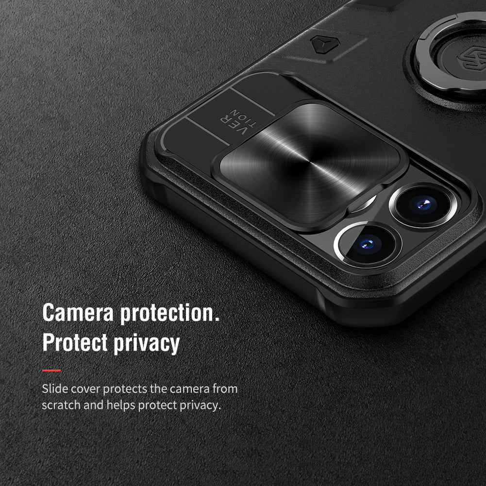 Nillkin iPhone 13 Series Lens Protection Sliding Cover,Ring Holder Stand,Fully-enclosed,Drop-Proof,Four-corner Airbag CamShield Armor Series Phone Case