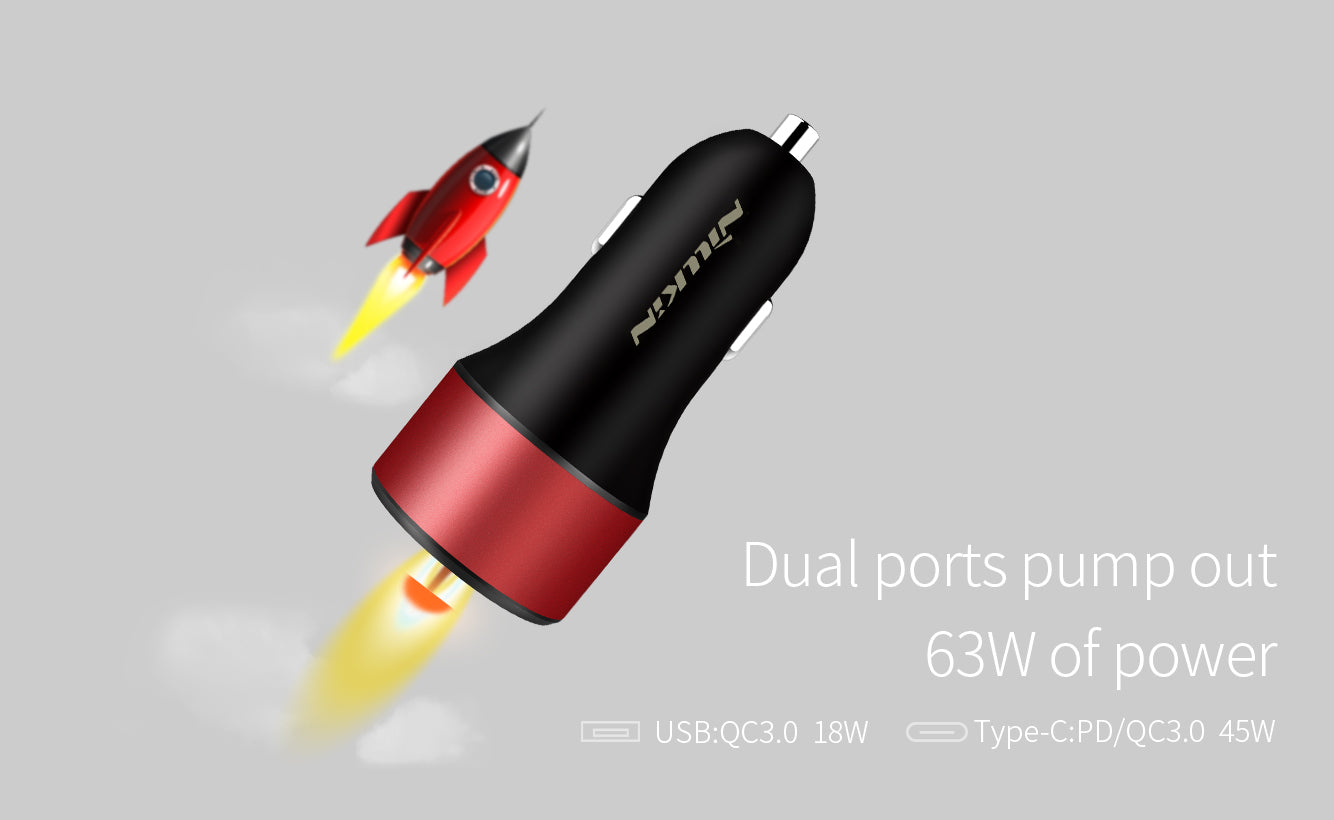 Nillkin PD3.0/QC3.0 63W USB+Type-C 鋁合金高速汽車充電器(可充Macbook及平板電腦)