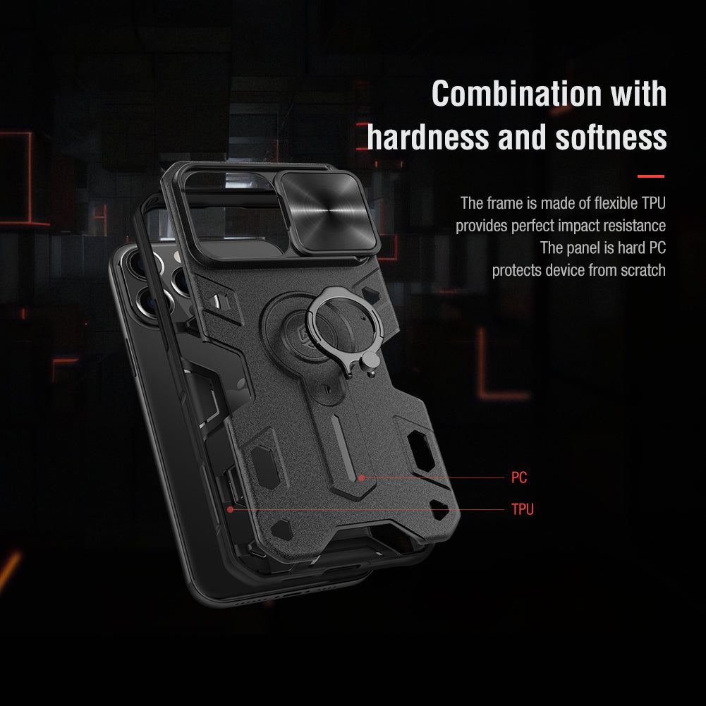 Nillkin iPhone 13 Series Lens Protection Sliding Cover,Ring Holder Stand,Fully-enclosed,Drop-Proof,Four-corner Airbag CamShield Armor Series Phone Case