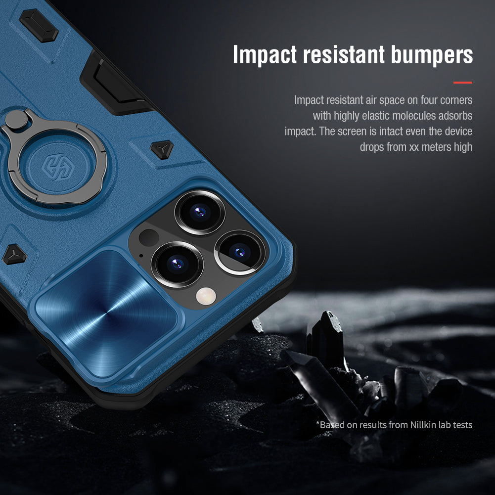 Nillkin iPhone 13 Series Lens Protection Sliding Cover,Ring Holder Stand,Fully-enclosed,Drop-Proof,Four-corner Airbag CamShield Armor Series Phone Case