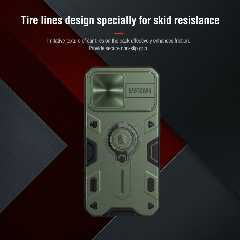 Nillkin iPhone 13 Series Lens Protection Sliding Cover,Ring Holder Stand,Fully-enclosed,Drop-Proof,Four-corner Airbag CamShield Armor Series Phone Case