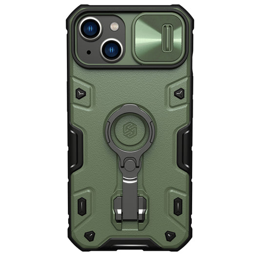 Nillkin iPhone 14/13 6.1" 通用MagSafe內置磁吸/鏡頭滑蓋/指環支架/四角氣囊升級防摔手機保護殼黑犀Pro系列