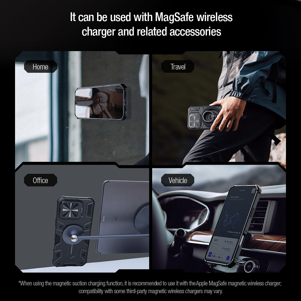Nillkin iPhone 16 Pro Max 6.9" 支架/鏡頭蓋2合1 MagSafe內置磁吸 四角氣囊 升級防摔手機保護殼黑犀Prop系列