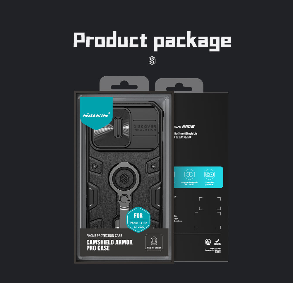 Nillkin iPhone 14 Pro Max 6.7" MagSafe內置磁吸/鏡頭滑蓋/指環支架/四角氣囊升級防摔手機保護殼黑犀Pro系列