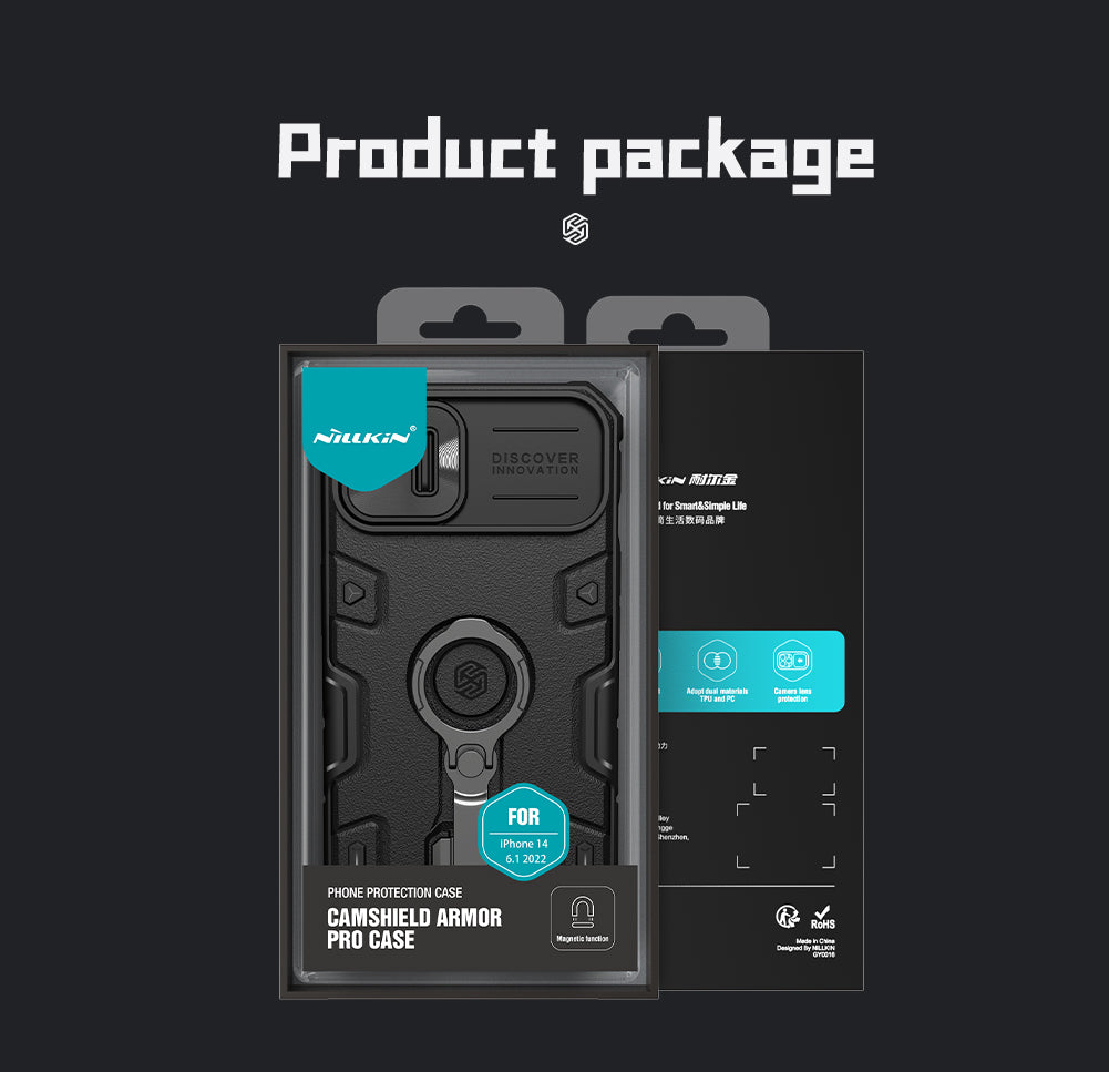 Nillkin iPhone 14 Plus 6.7" MagSafe內置磁吸/鏡頭滑蓋/指環支架/四角氣囊升級防摔手機保護殼黑犀Pro系列