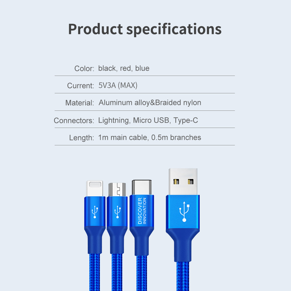 Nillkin 1.5M 3合1 3A充電線 (3獨立芯片)尼龍編織防纏抗折(Lightning/Micro USB/Type-C) (單裝/孖裝)