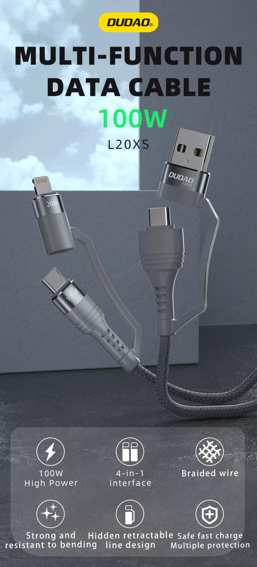 Dudao Upgrade Version 100W USB/Type-C to Lightning/Type-C 1M PD Multi Function Fast Charge Data Cable L20XS