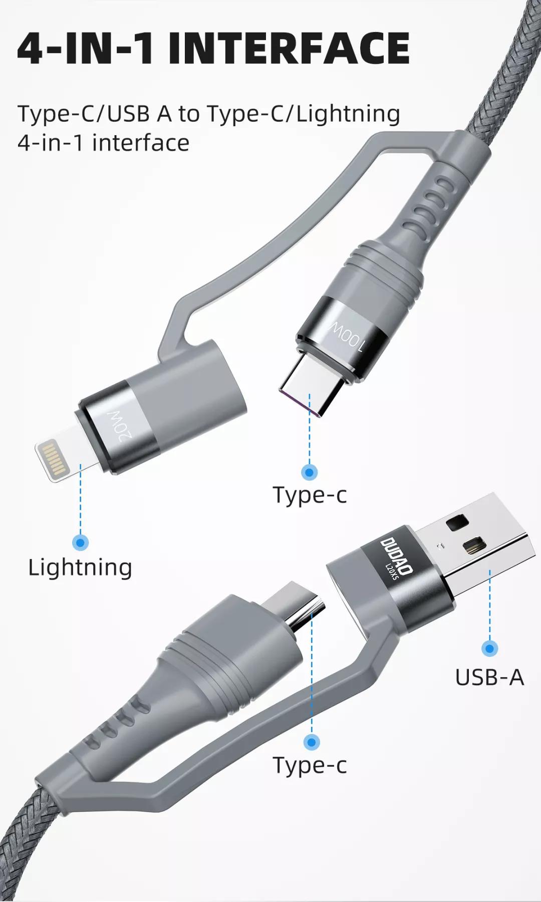 Dudao 升級版 4合1 USB / Type-C轉Lightning / Type-C 1米100W PD 多功能快充數據線 L20XS