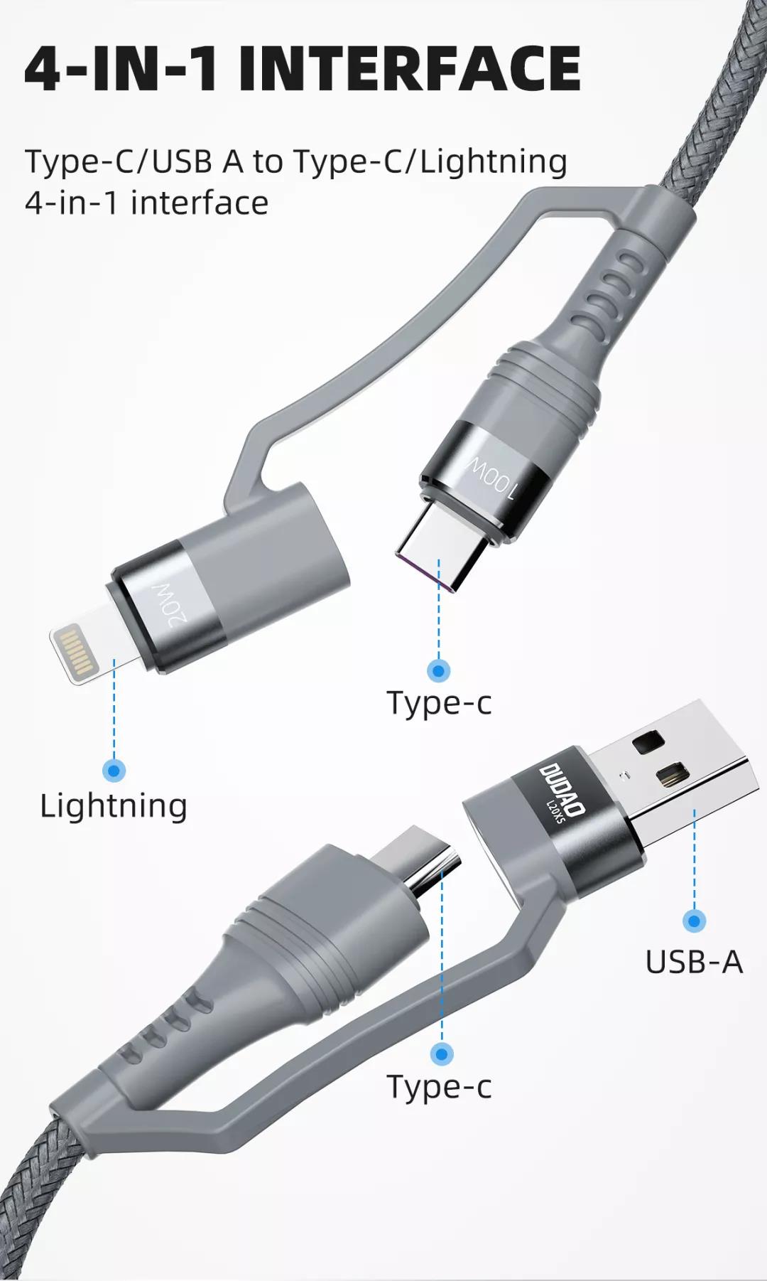 Dudao Upgrade Version 100W USB/Type-C to Lightning/Type-C 1M PD Multi Function Fast Charge Data Cable L20XS