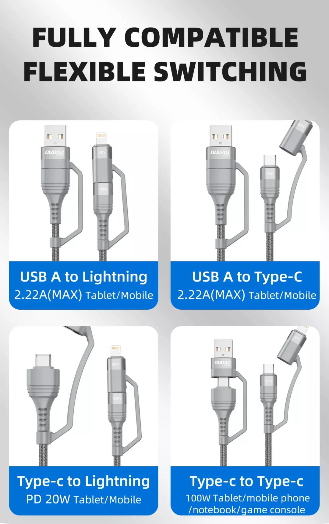 Dudao Upgrade Version 100W USB/Type-C to Lightning/Type-C 1M PD Multi Function Fast Charge Data Cable L20XS