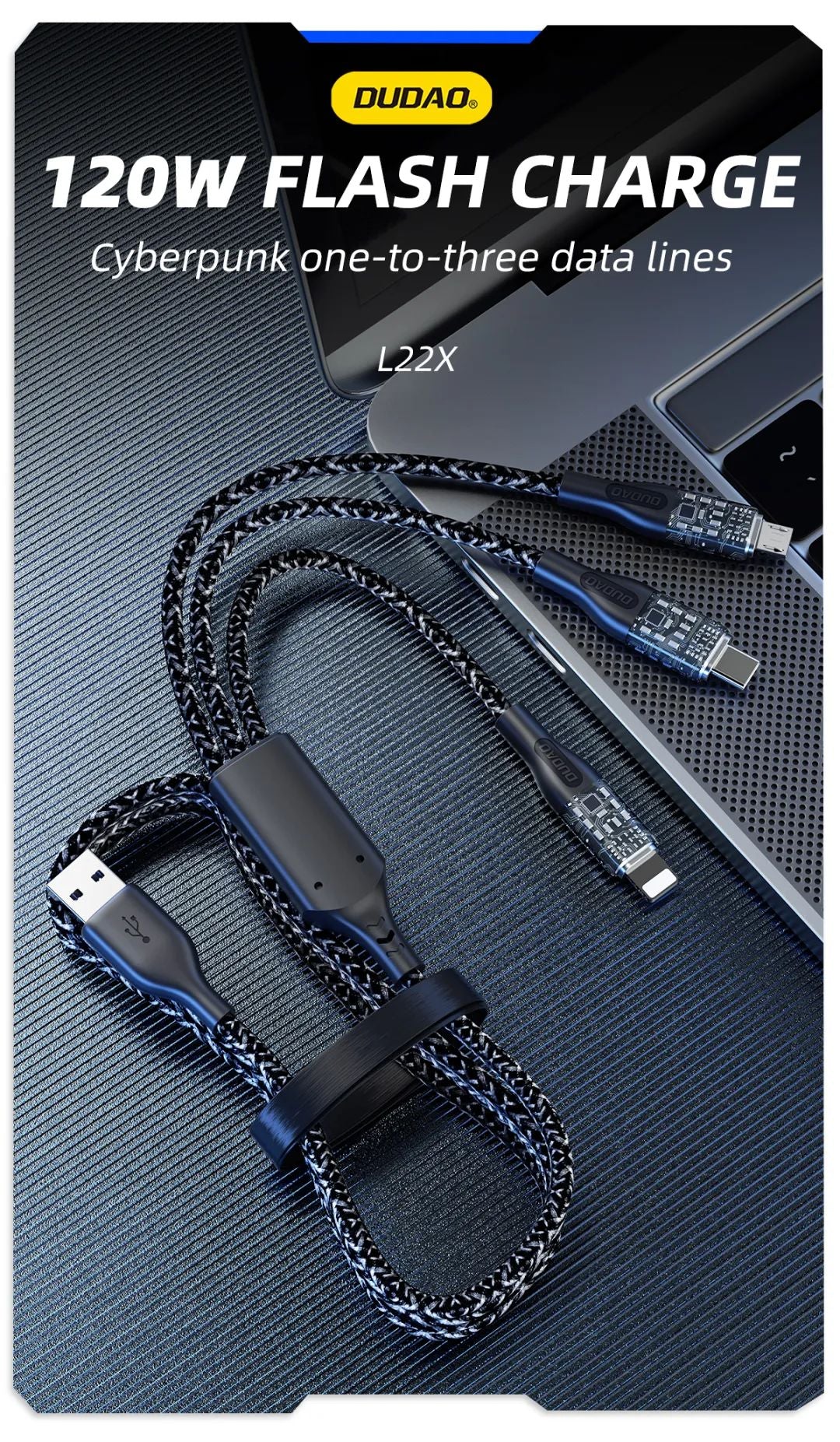 Dudao L22X 120W Flash Charge 3 in 1 Multi-function Charging Cable(Lightning/Micro USB/Type-C) 1.2 Meter